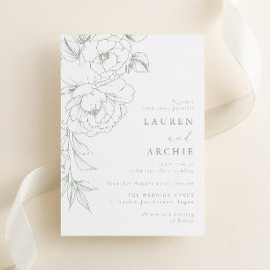 Convite Casamento Floral de Linha Artística Elegante Sage