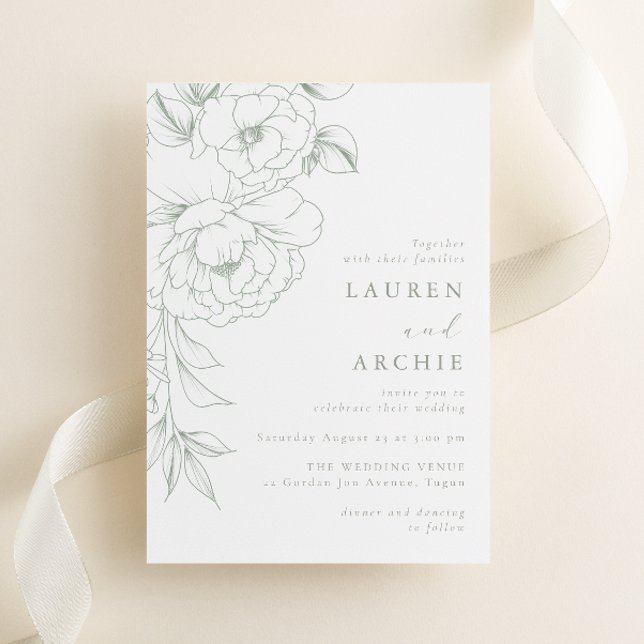 Convite Casamento Floral de Linha Artística Elegante Sage (Criador carregado)