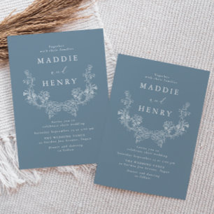 Convite Casamento Floral de Linha de Arte Minimalista Azul