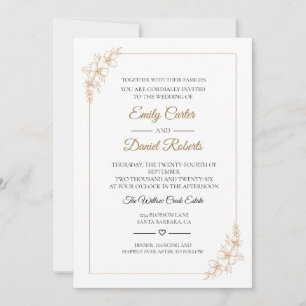 Convite Casamento Floral de Linha em Dourado Rosado Elegan