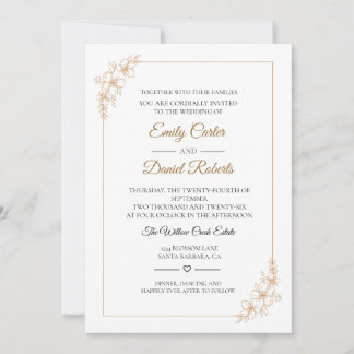 Convite Casamento Floral de Linha em Dourado Rosado Elegan