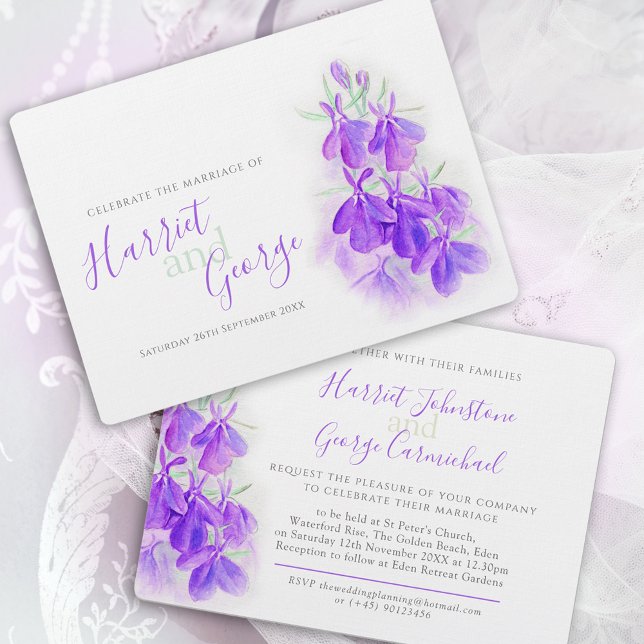 Convite Casamento floral de Lobelia púrpura de aquarela (Criador carregado)
