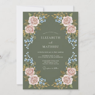 Convite Casamento Floral de Louro Rosa Empoeirado