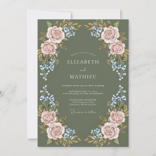 Convite Casamento Floral de Louro Rosa Empoeirado (Frente)