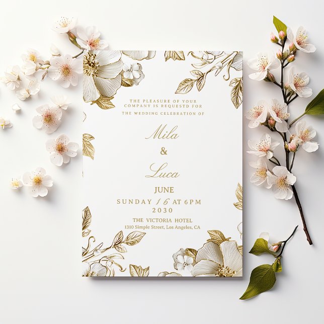 Convite Casamento floral de luxo branco e dourado (Luxury white and gold floral Wedding )