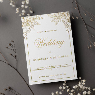 Convite Casamento floral de luxo branco e ouro