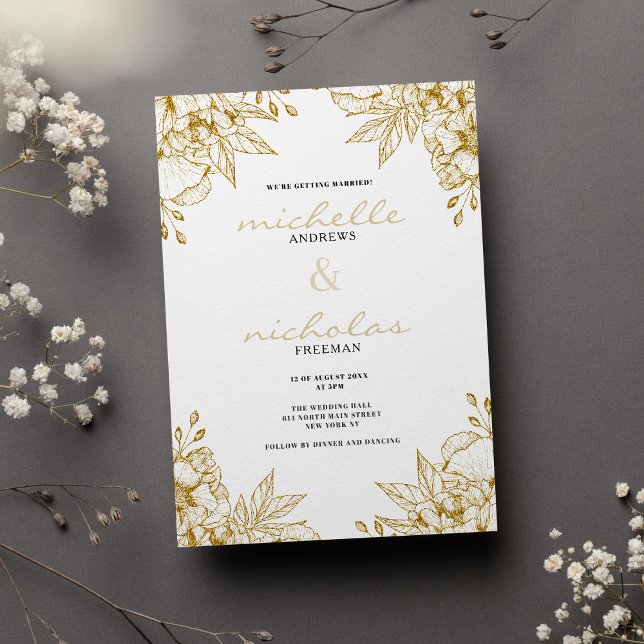 Convite Casamento floral de luxo branco e ouro brilhante (Luxury white and gold glitter floral wedding)