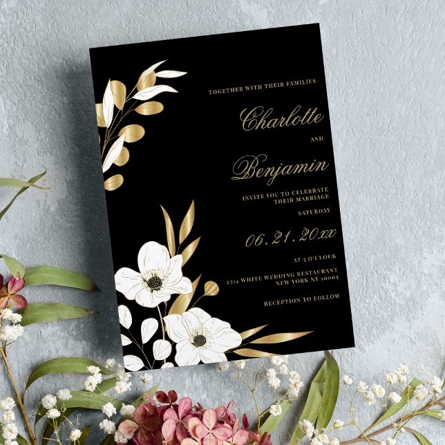 Convite Casamento floral de luxo branco preto (Black white gold elegant luxury floral wedding )