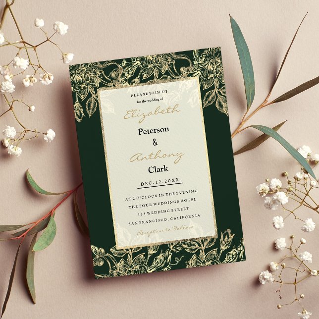 Convite Casamento floral de luxo de ouro verde da floresta (Elegant forest green gold luxury floral Wedding )