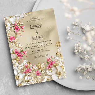 Convite Casamento Floral de Luxo Rosa Romântico em Ouro Br