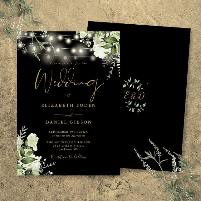 Convite Casamento Floral De Luzes De Cordas Douradas E Pre (Black And Gold String Lights Floral Wedding Invitation)