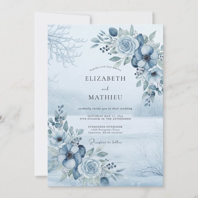 Convite Casamento Floral de Madeira Azul Ardesia (Frente)