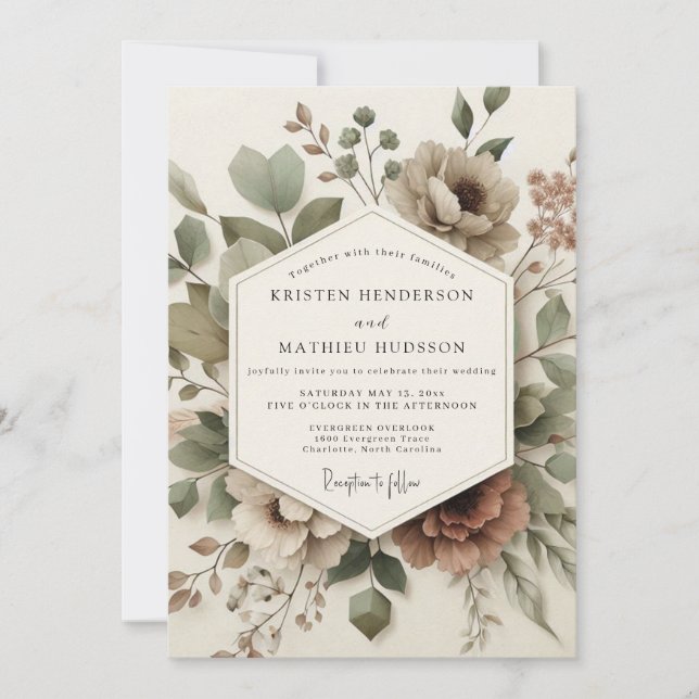 Convite Casamento Floral de Madeira com Sage Empoeirado (Frente)