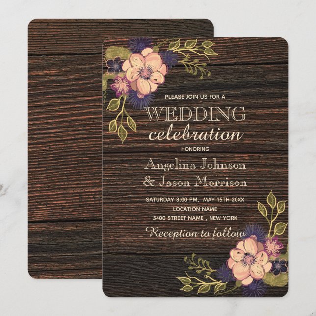 Convite Casamento Floral de Madeira Elegante (Frente/Verso)