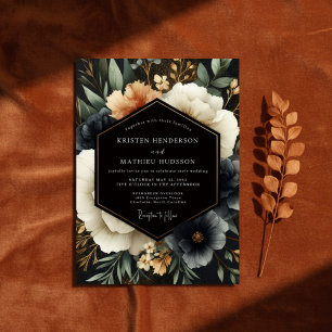 Convite Casamento Floral de Madeira em Azul Marinho Profun
