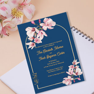 Convite Casamento Floral de Magnólia Azul Naval Elegante