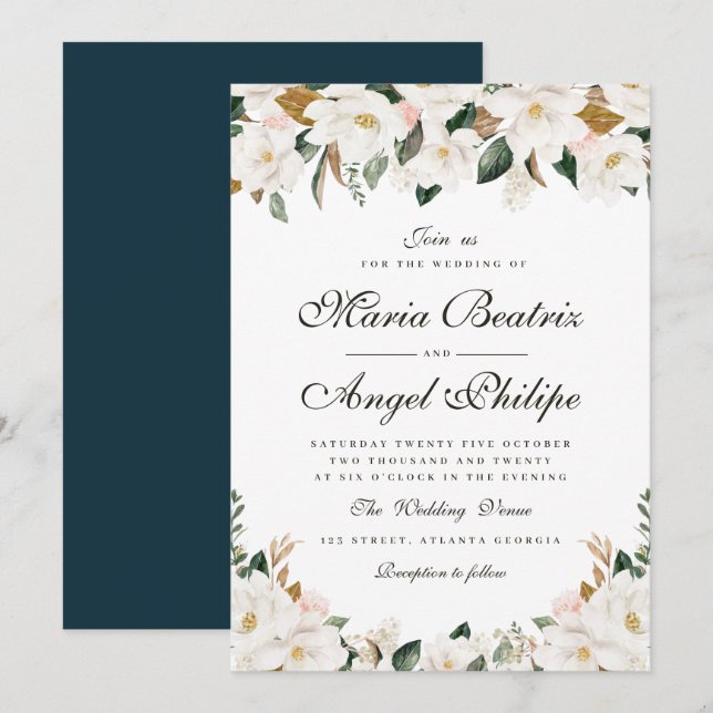 Convite Casamento floral de magnólia de aquarela moderna (Frente/Verso)