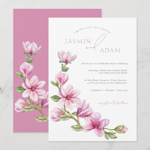 Convite Casamento Floral de Magnólia Rosa Elegante