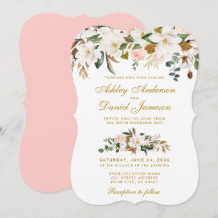 Convite Casamento Floral de Magnolia Rosa Rosa Dourado