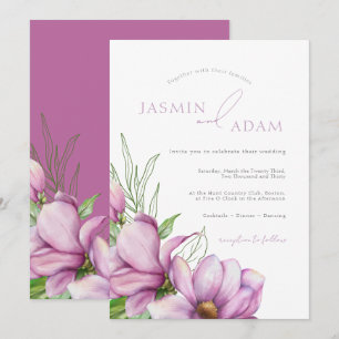 Convite Casamento Floral de Magnólia Roxa Elegante