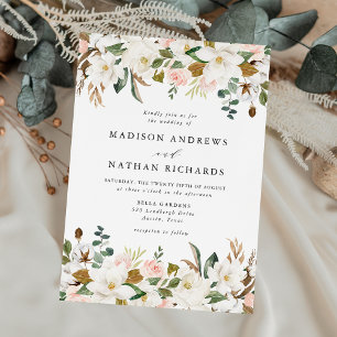 Convite Casamento Floral de Magnólias Brancas Elegantes e