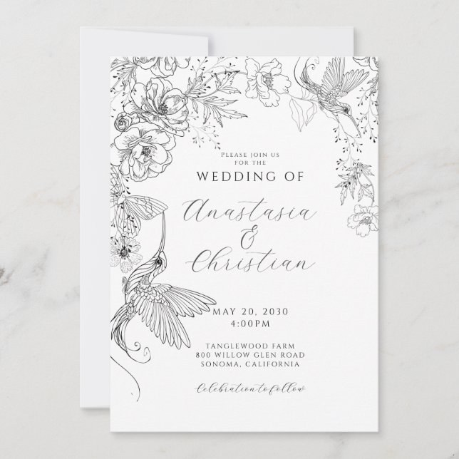 Convite Casamento Floral De Mão Desenhada (Frente)