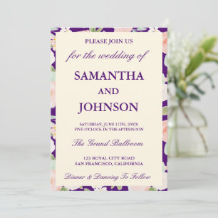 Convite Casamento Floral de Marfim Antigo Roxo Fundo Escur