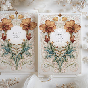 Convite Casamento Floral de Marfim Cobre Régio Vitoriano