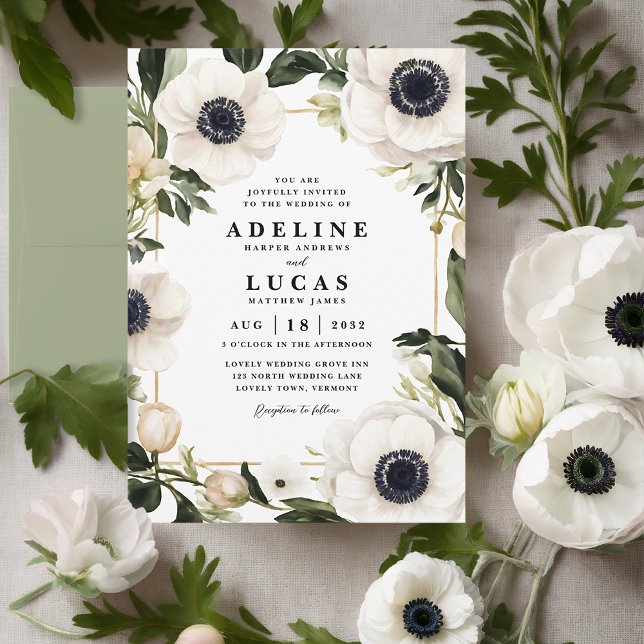 Convite Casamento Floral de Marfim com Flor de Anêmona Pre (White anemone flower wedding invitation, elegant botanic black and white ivory floral wedding invite)