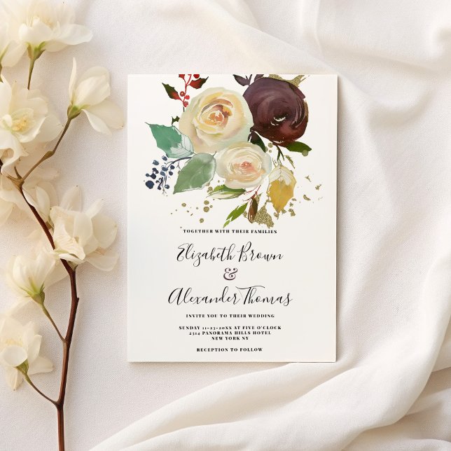 Convite Casamento floral de marfim de marfim de inverno (Winter burgundy ivory mint gold floral wedding)
