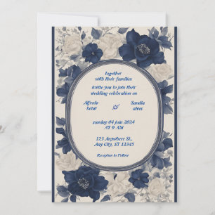 Convite Casamento Floral de Marfim Elegante e marinho Azul
