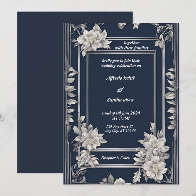 Convite Casamento Floral de Marfim Elegante e marinho Azul (Frente/Verso)