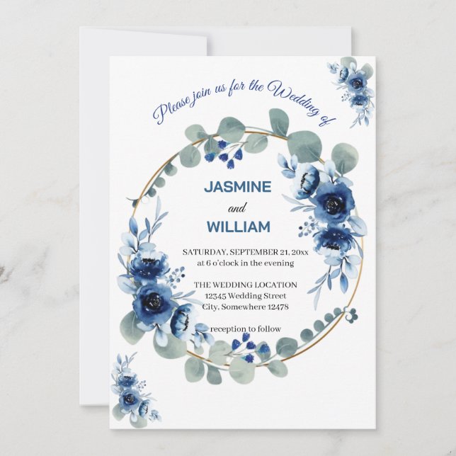 Convite Casamento Floral de Marfim Elegante e marinho Azul (Frente)