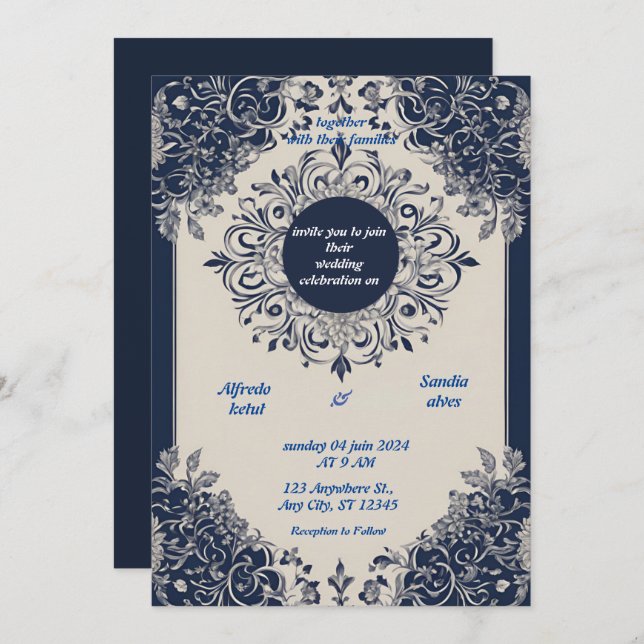 Convite Casamento Floral de Marfim Elegante e marinho Azul (Frente/Verso)