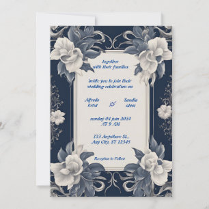 Convite Casamento Floral de Marfim Elegante e marinho Azul