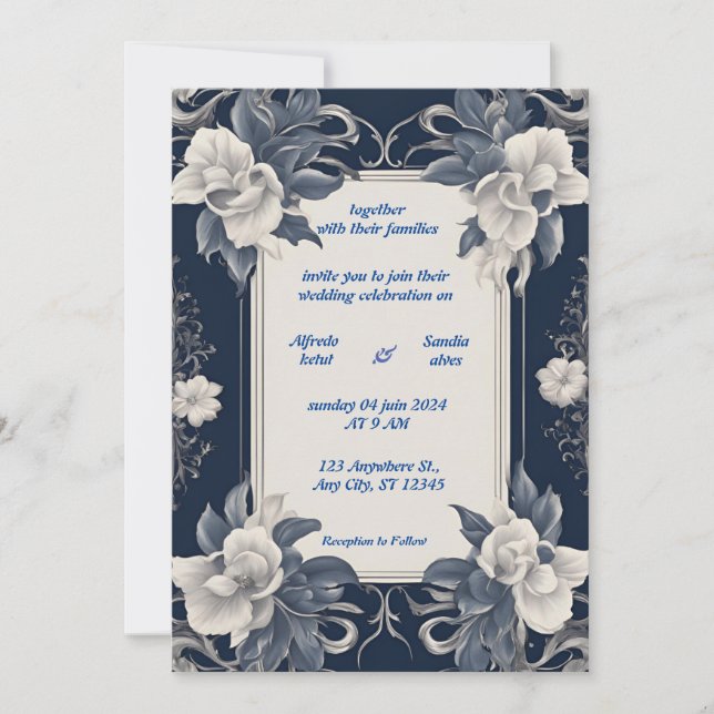 Convite Casamento Floral de Marfim Elegante e marinho Azul (Frente)
