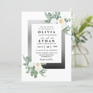 Convite Casamento Floral de Marfim Elegante e marinho Azul