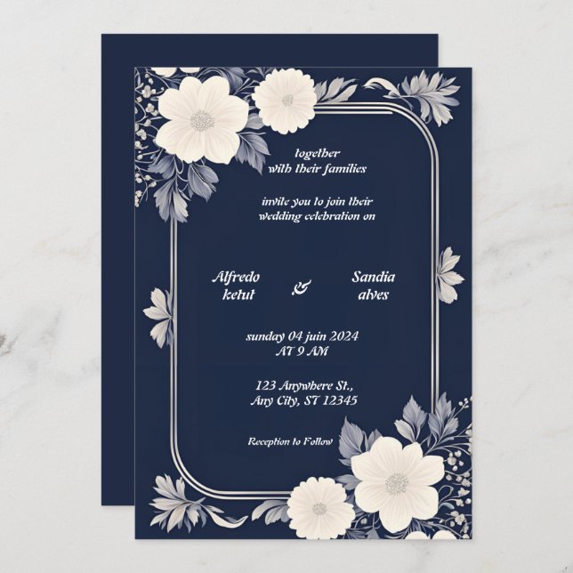 Convite Casamento Floral de Marfim Elegante e marinho Azul (Frente/Verso)