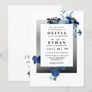 Convite Casamento Floral de Marfim Elegante e marinho Azul