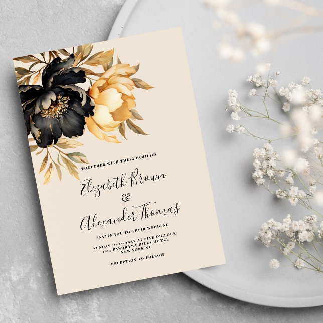 Convite Casamento floral de marfim preto de ouro Elegante (Elegant gold black ivory mint peony floral wedding)