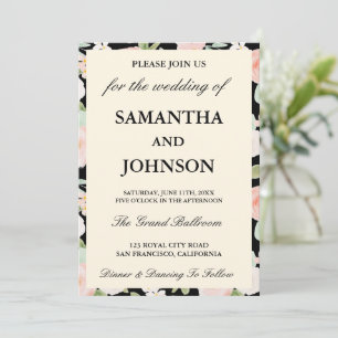 Convite Casamento Floral de Marfim Preto Moderno Vintage