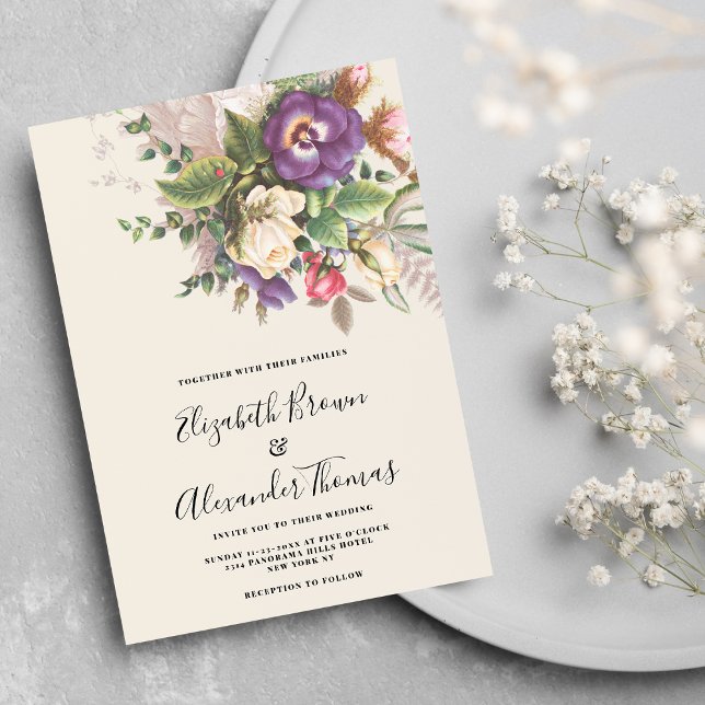 Convite Casamento floral de marfim púrpura Elegante (Elegant botanic purple ivory green floral wedding invitation )