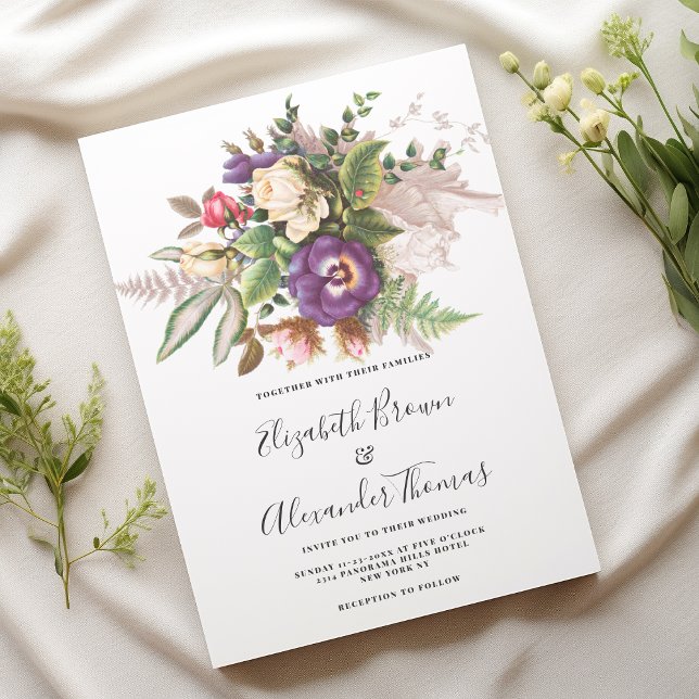 Convite Casamento floral de marfim roxo e legado (Elegant vintage purple ivory green floral wedding )