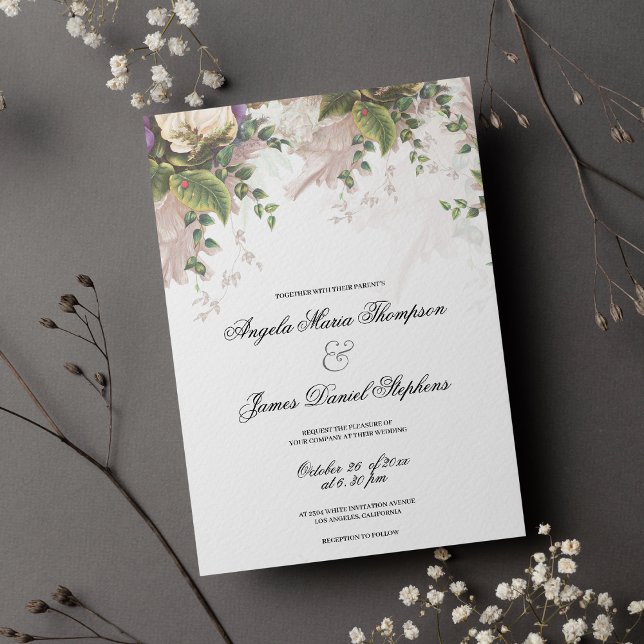 Convite Casamento floral de marfim verde roxo estilo Vinta (Vintage style purple green ivory floral wedding invitation )