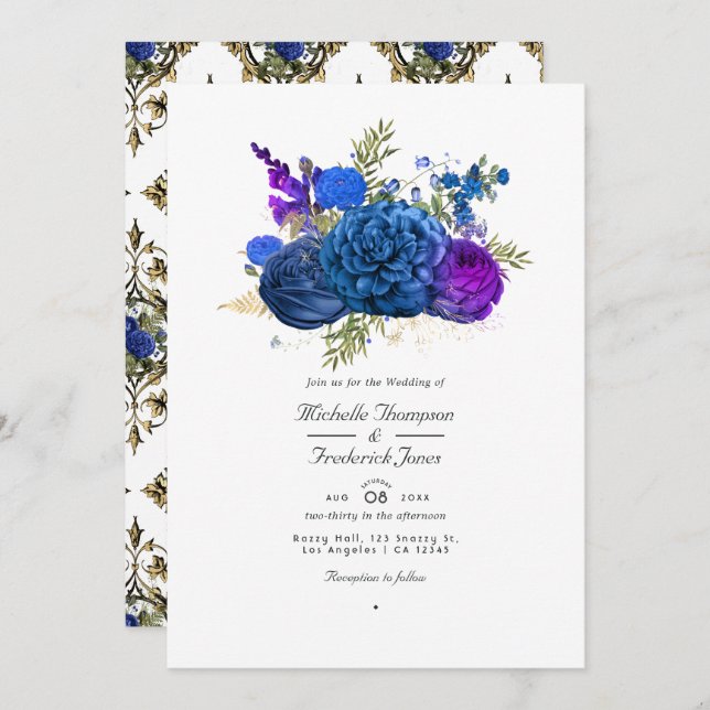 Convite Casamento Floral de marinho Azul, Dourado e Púrpur (Frente/Verso)