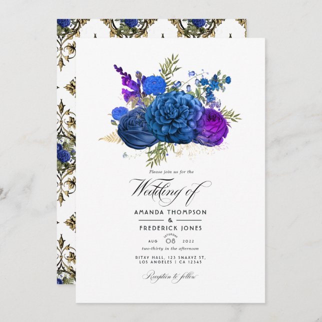 Convite Casamento Floral de marinho Azul, Dourado e Púrpur (Frente/Verso)