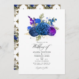 Convite Casamento Floral de marinho Azul, Dourado e Púrpur
