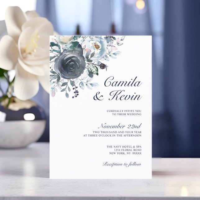 Convite Casamento Floral de Marinho Azul Dusty (Watercolor Dusty Blue Navy Floral Wedding Invitation)