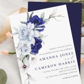 Convite Casamento Floral de Marinho Azul Elegante