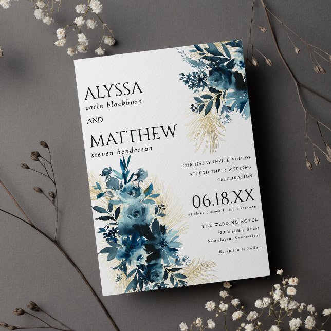 Convite Casamento floral de marinho azul esguiado de ouro  (Elegant navy blue gold watercolor floral wedding invitation )